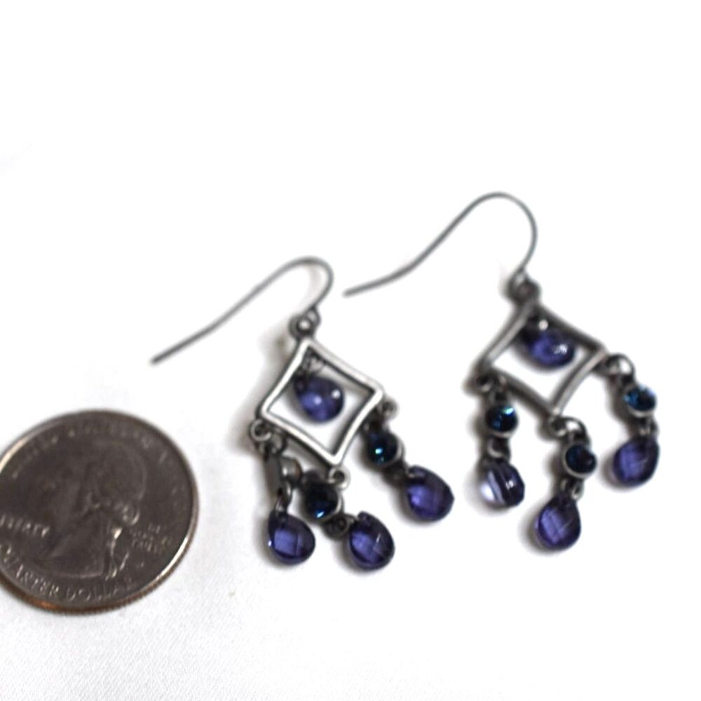 Victorian Gothic Blue Crystal Matte Silver Tone 1.5" Dangle Hook Party Earrings